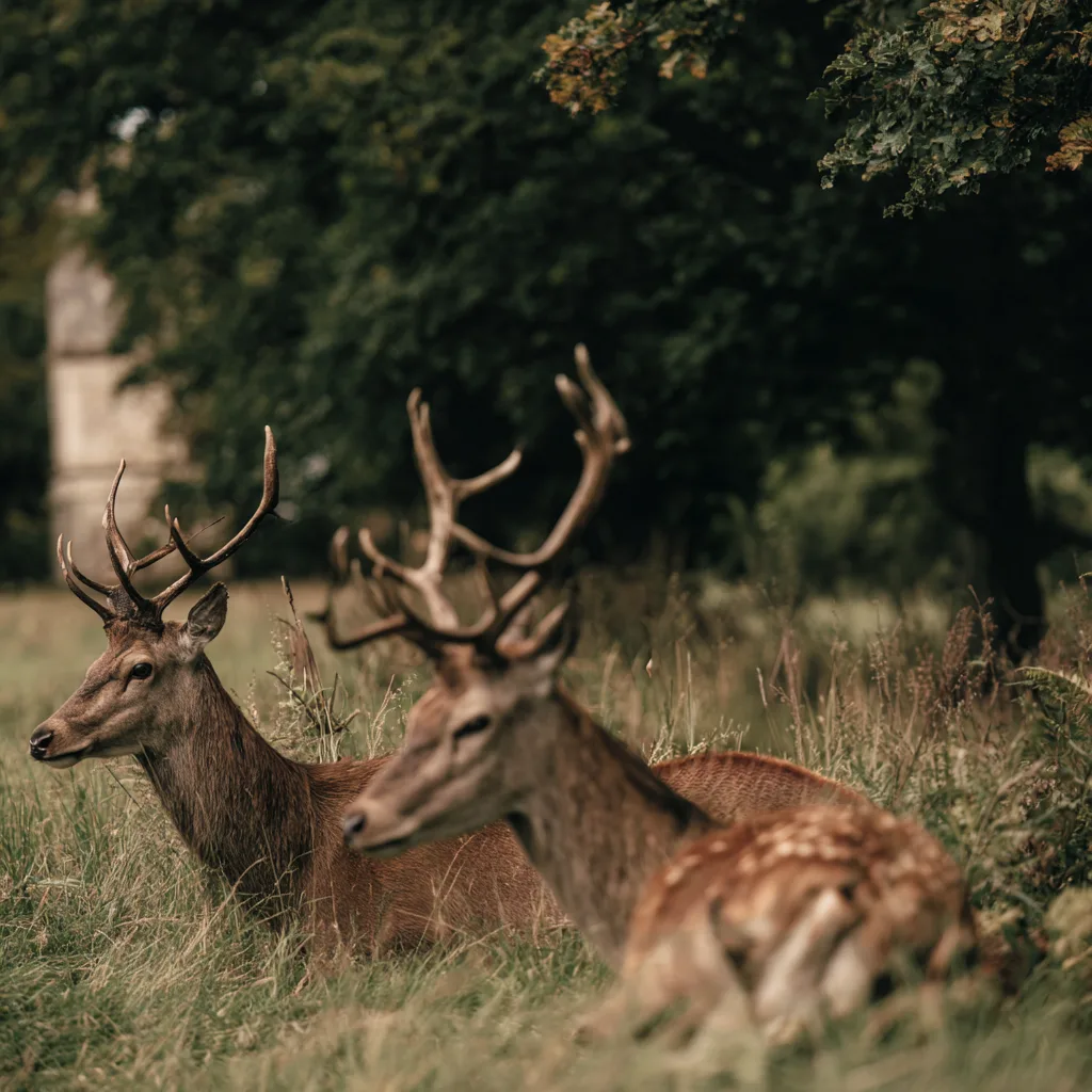 Two red deer stags resting in long grass