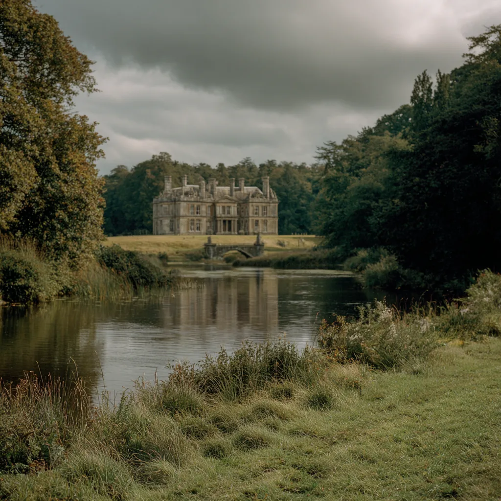 A country estate across a still river, framed by trees