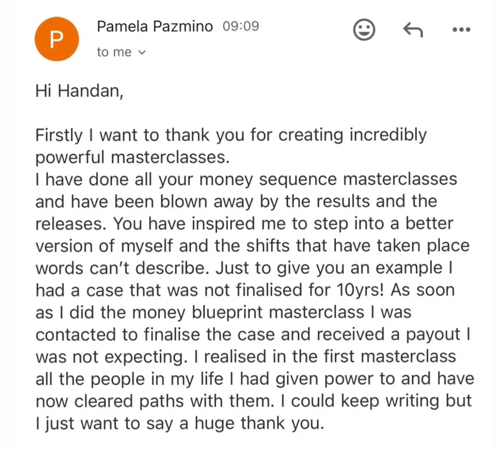 Email from Pamela thanking Handan: a ten-year court case finalised with an unexpected payout after the money blueprint masterclass