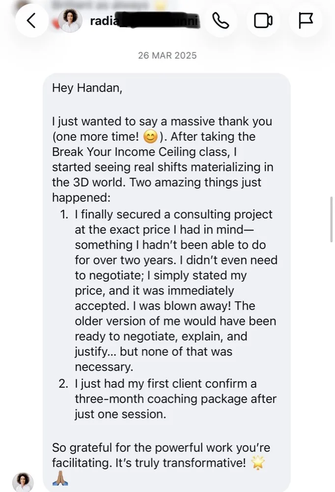 Instagram message from Radia: a consulting project at her exact price and a first three-month coaching client after Break Your Income Ceiling