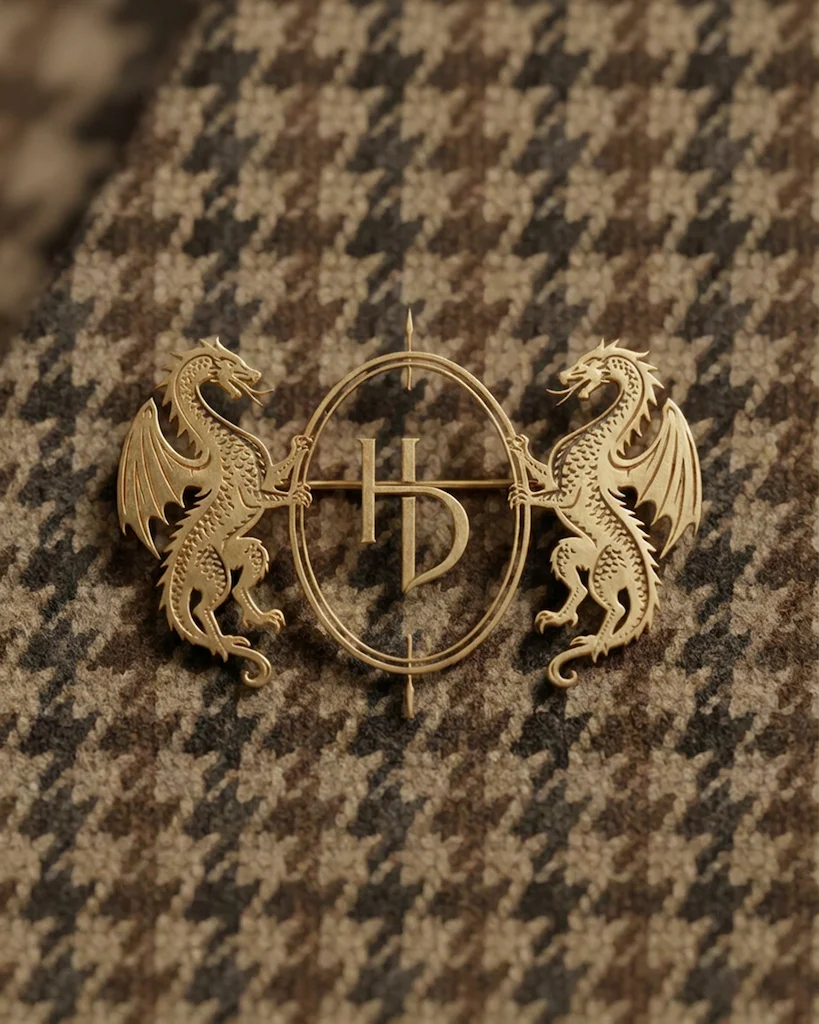 Handan Darici's gold crest with two dragons on houndstooth tweed